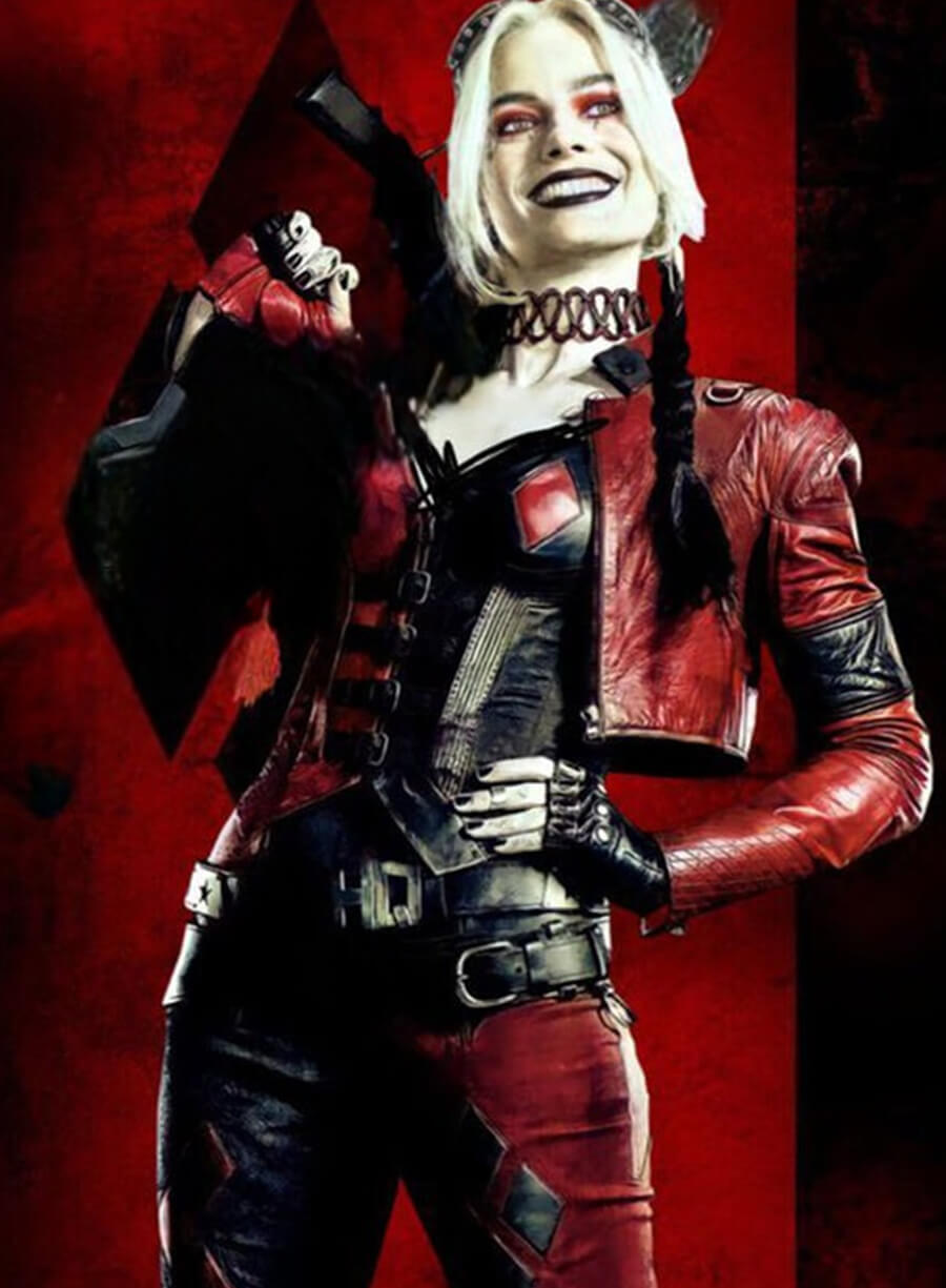 strapless open back dress Harley Quinn Suicide Squad 2 Red Leather Jacket – LeatherJacketMerchant