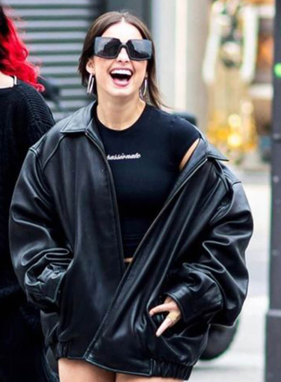 Addison Rae Black Trucker Leather Jacket