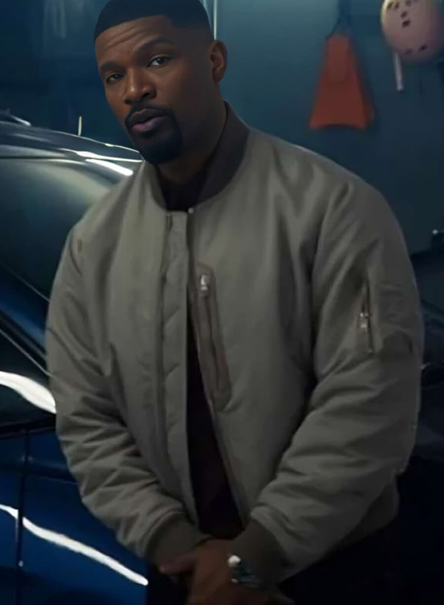 Back in Action 2025 Jamie Foxx Grey Bomber Jacket