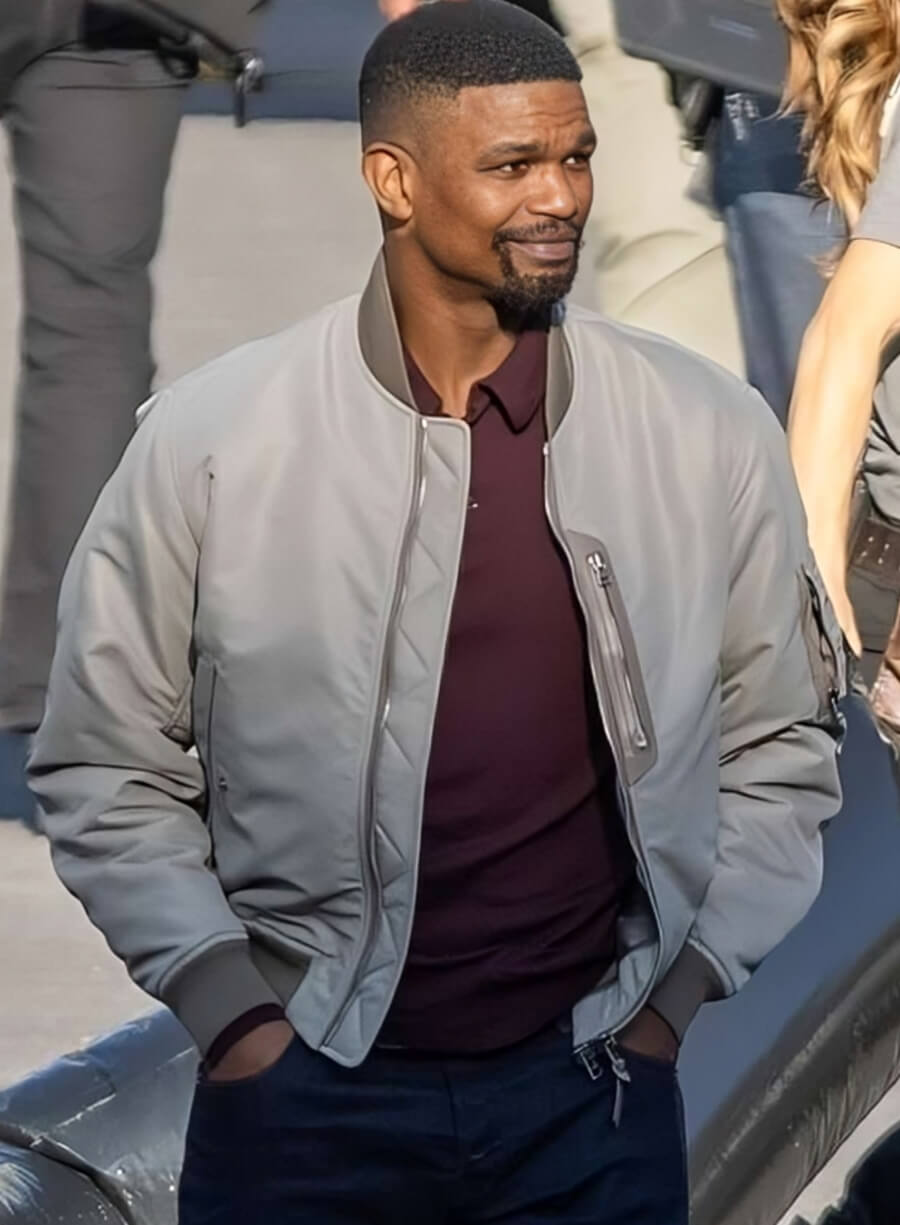 Back in Action 2025 Jamie Foxx Grey Bomber Jacket