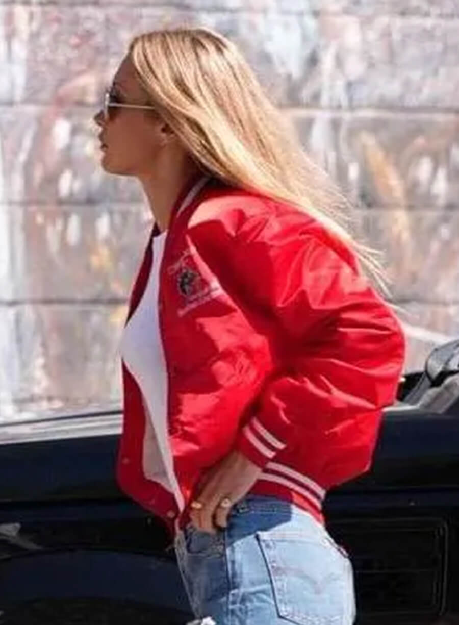 Bella Hadid 2025 Red Varsity Jacket