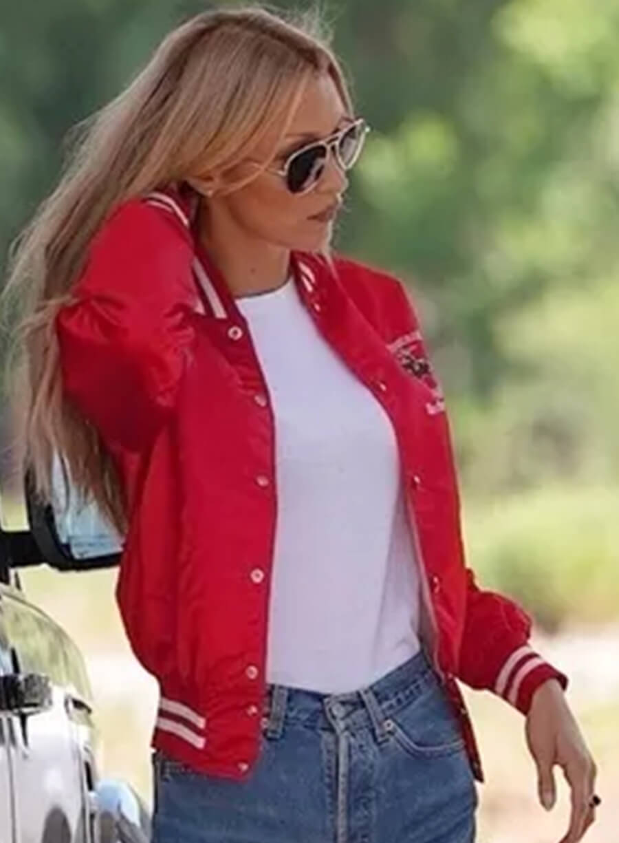Bella Hadid 2025 Red Varsity Jacket