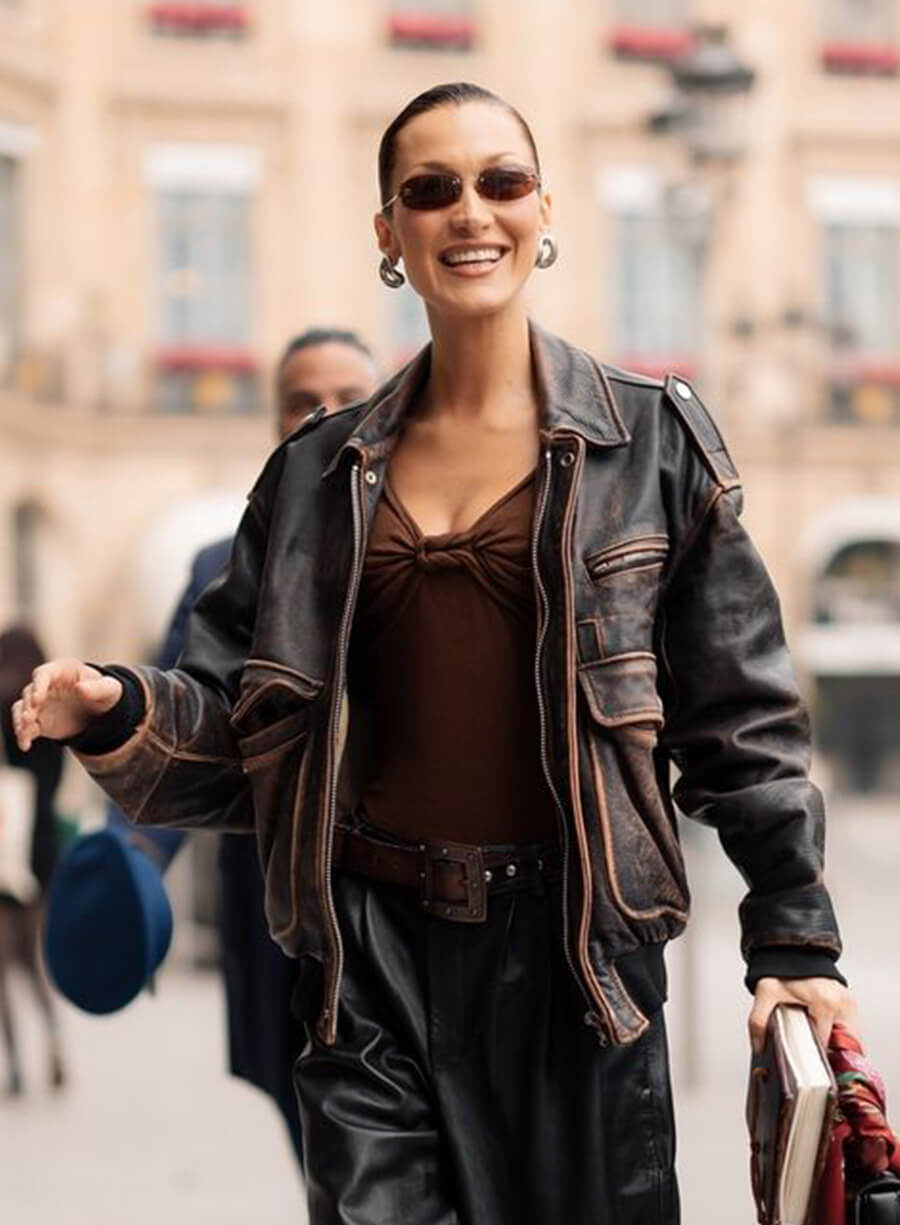 Bella Hadid Black Vintage Leather Jacket