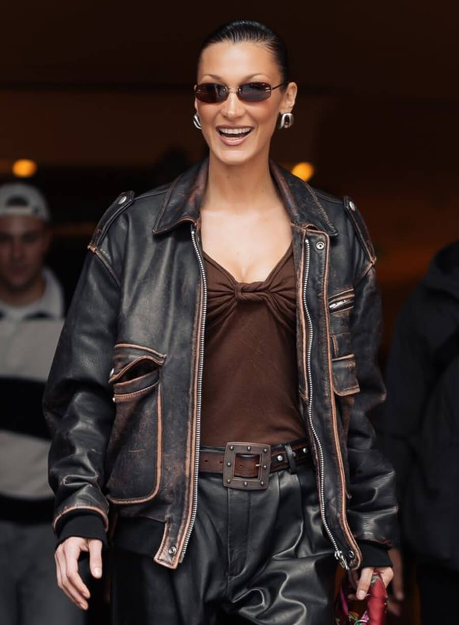 Bella Hadid Black Vintage Leather Jacket