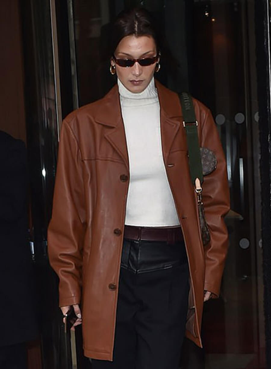 Bella Hadid Brown Leather Trench Coat