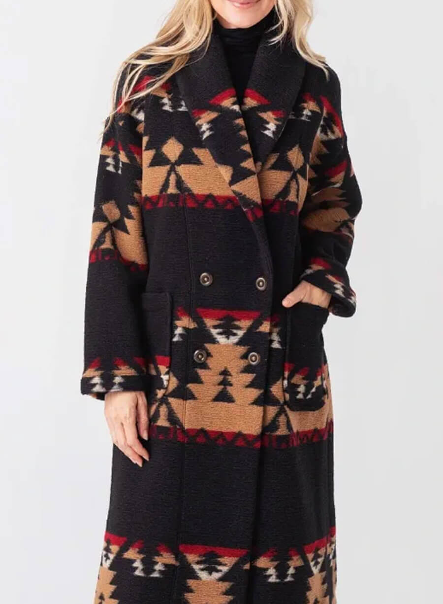 beth dutton black dress Beth Dutton Yellowstone Kelly Reilly Aztec Black Coat – LeatherJacketMerchant