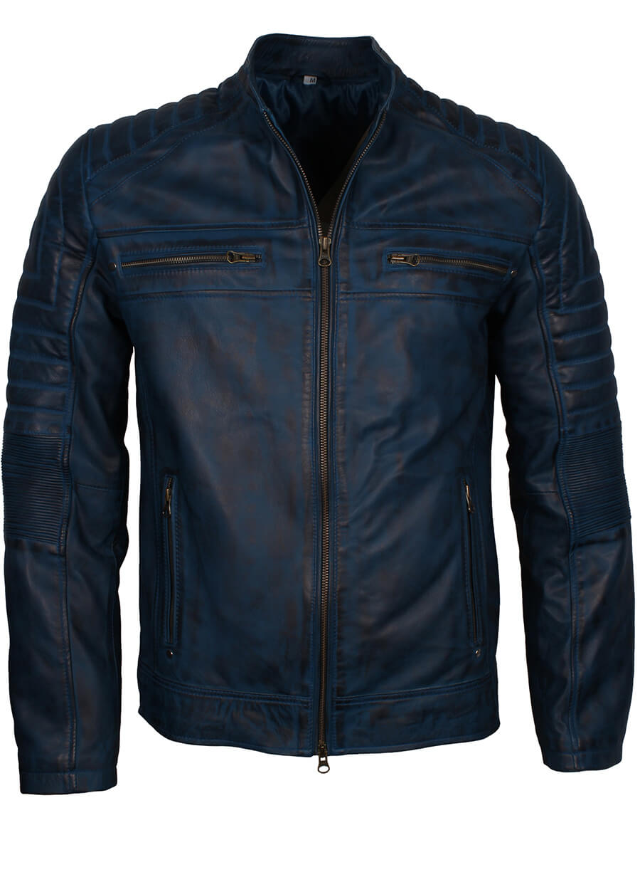 Blue Men Vintage Cafe Racer Genuine Leather Jacket