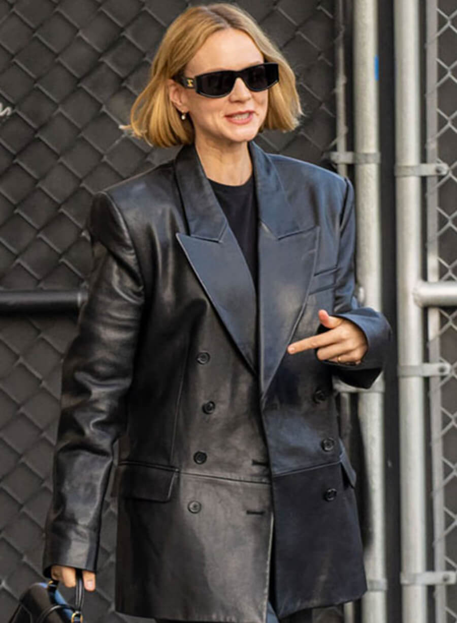 Carey Mulligan Black Leather Trench Coat