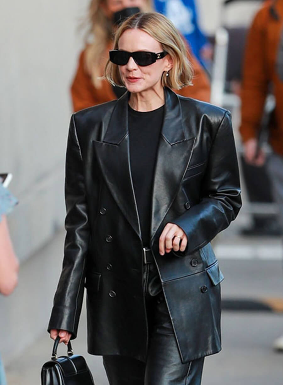 Carey Mulligan Black Leather Trench Coat