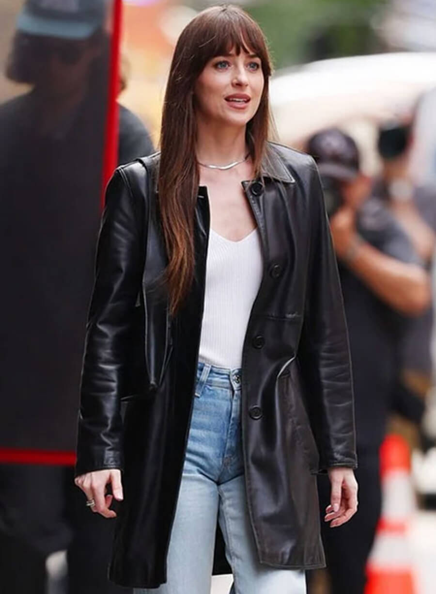 Dakota Johnson Black Leather Long Coat
