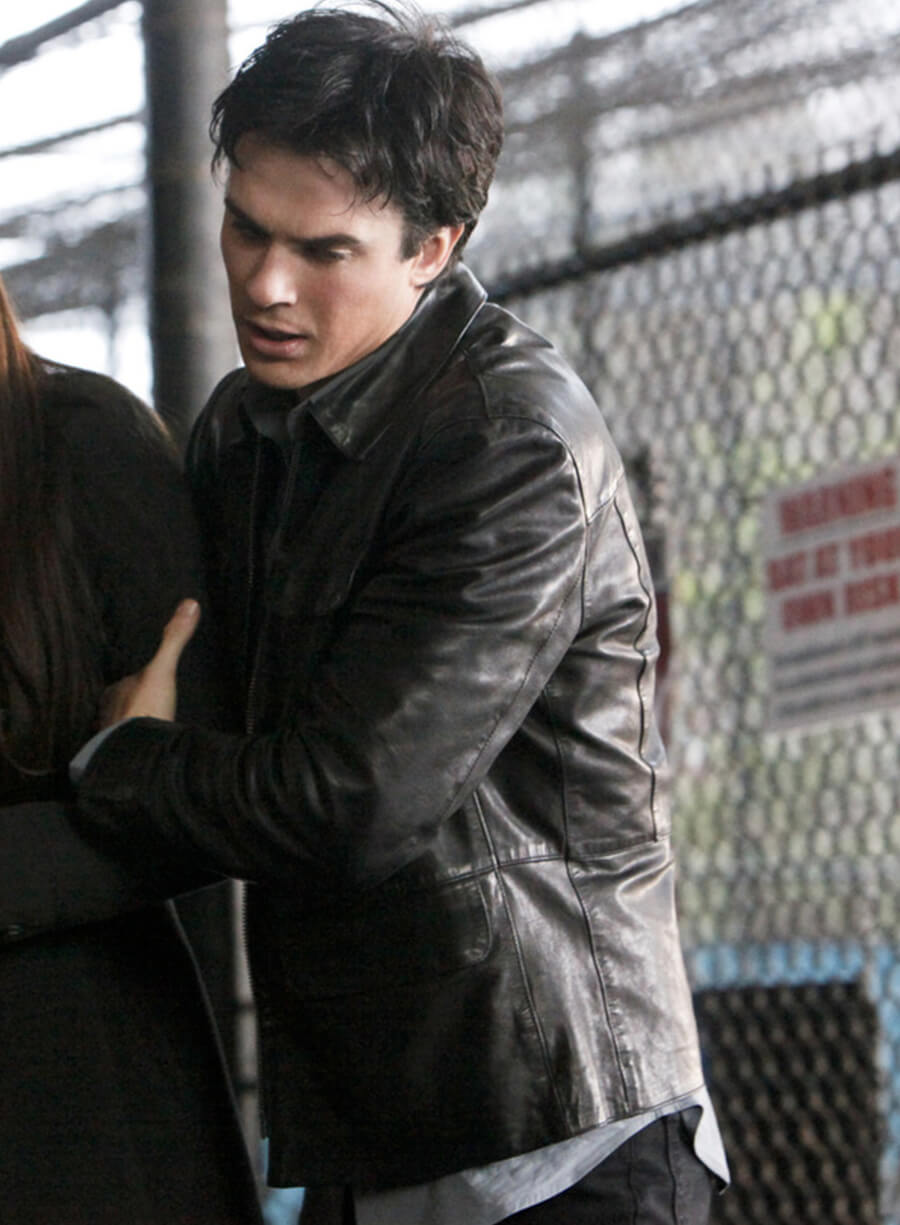 Damon Salvatore The Vampire Diaries S03 Black Leather Jacket