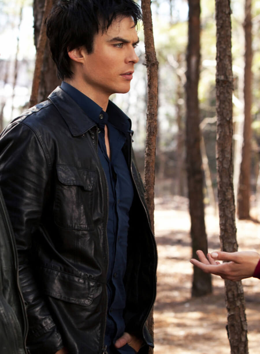 Damon Salvatore The Vampire Diaries S03 Black Leather Jacket