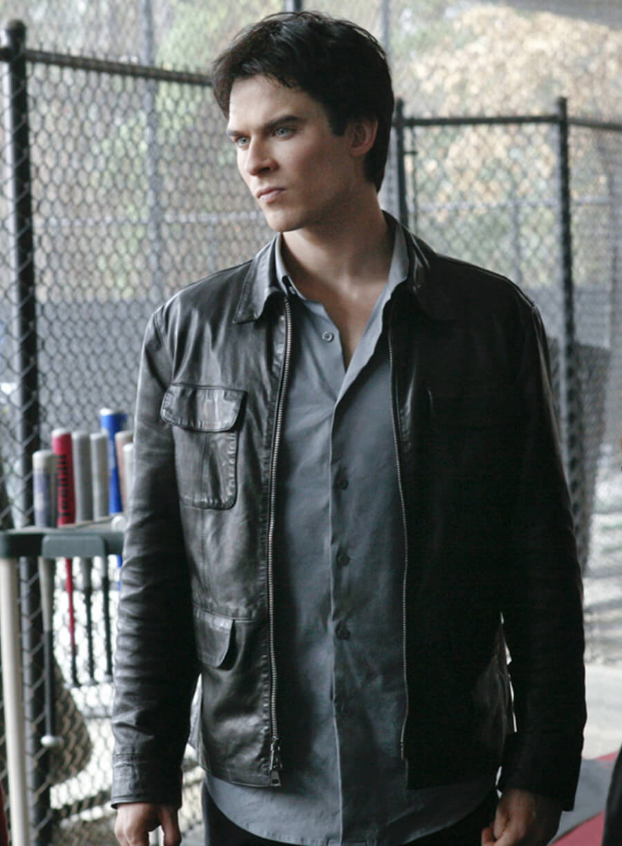 Damon Salvatore The Vampire Diaries S03 Black Leather Jacket