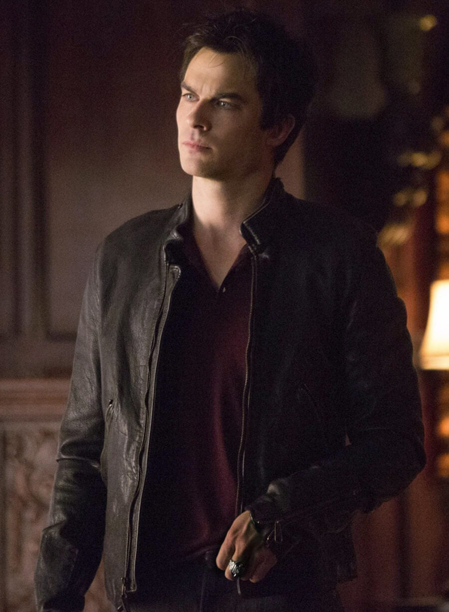 Damon Salvatore The Vampire Diaries S05 Black Leather Jacket