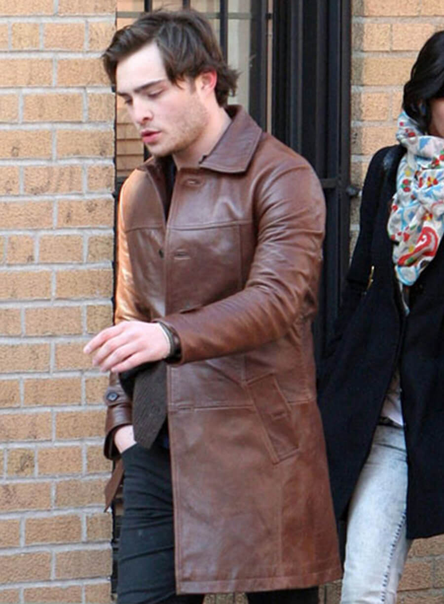 Ed Westwick Brown Leather Trench Coat