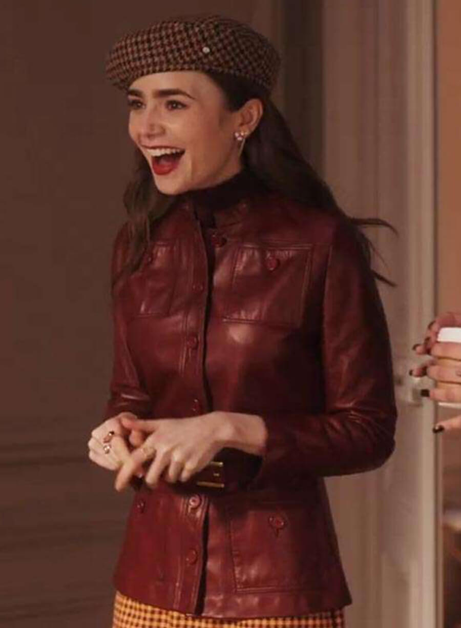 Emily in Paris Emily Cooper Maroon Leather Jacket