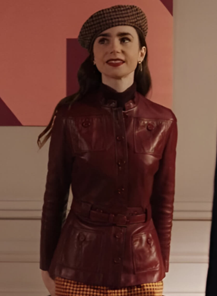 Emily in Paris Emily Cooper Maroon Leather Jacket