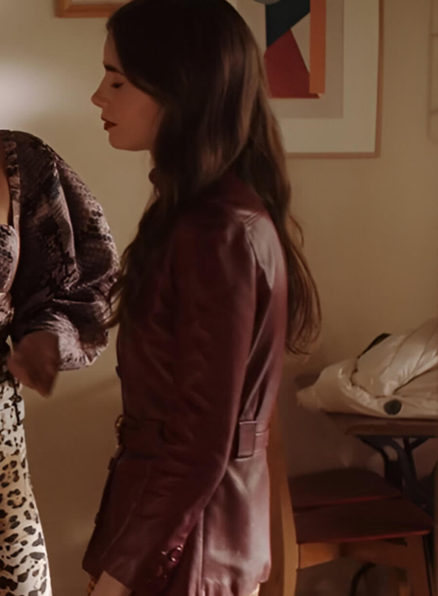 Emily in Paris Emily Cooper Maroon Leather Jacket