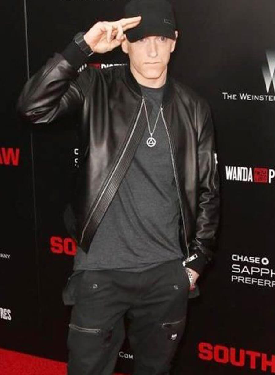 Eminem Black Leather Bomber Jacket