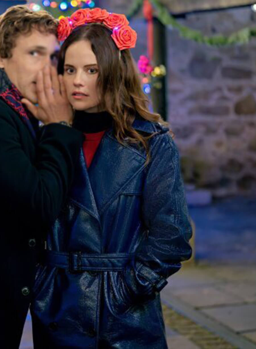 Georgia Bright Christmas in Notting Hill Blue Leather Coat