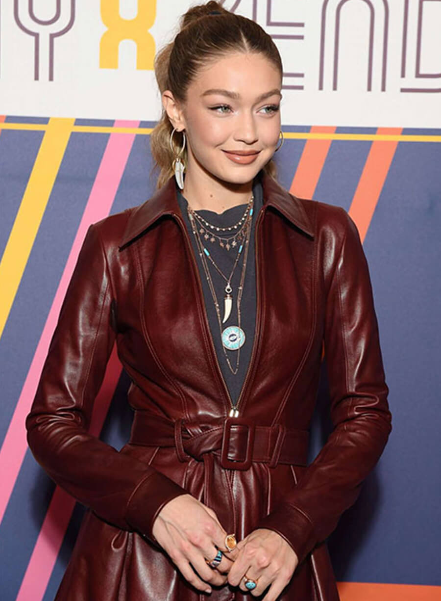 Gigi Hadid Maroon Leather Long Coat