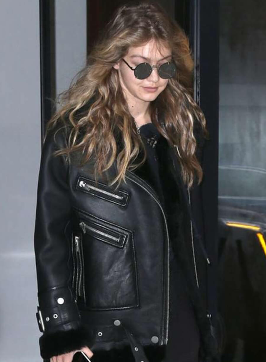 Gigi Hadid Motorcycle Black Shearling Jacket