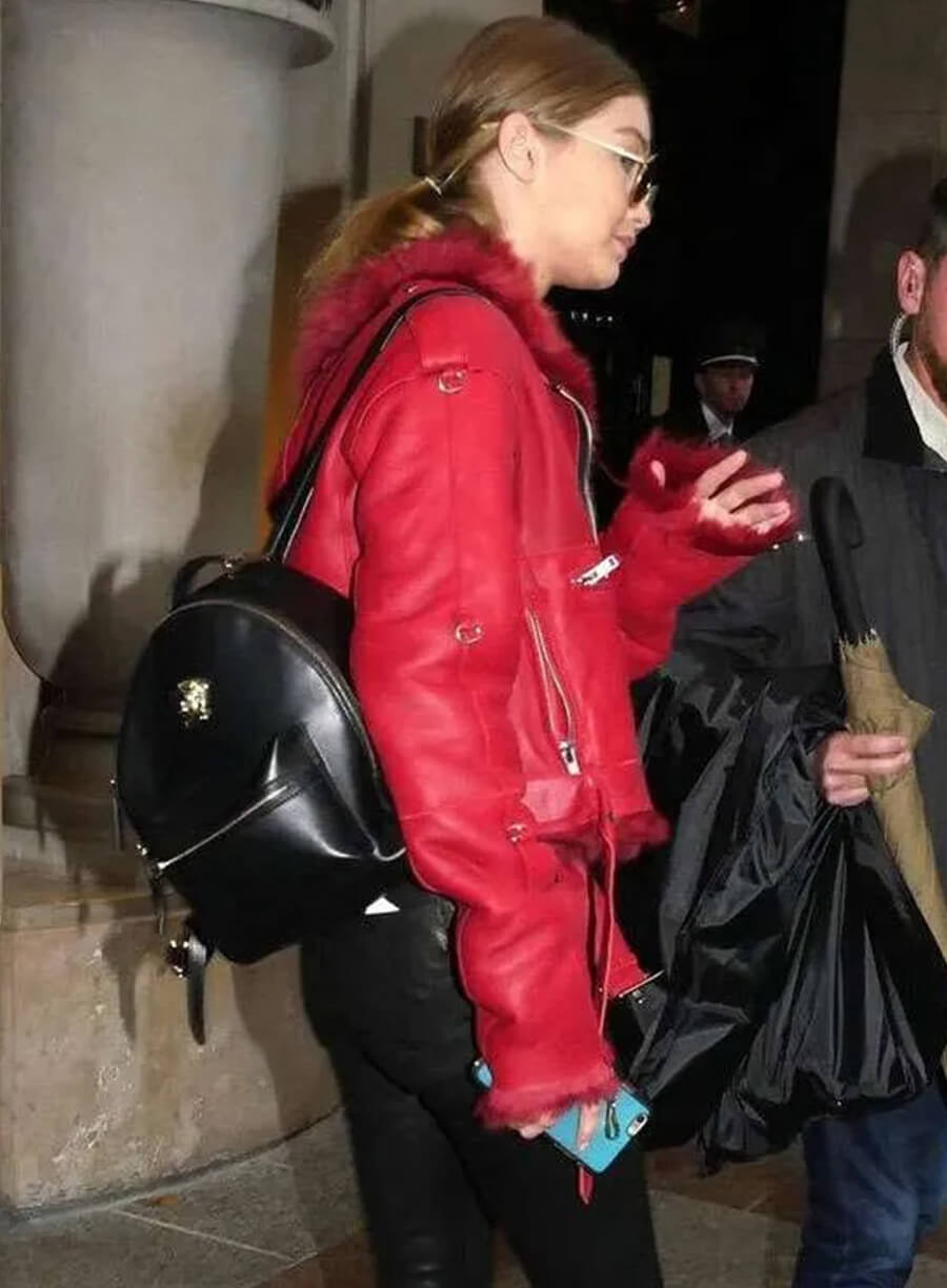 Gigi Hadid Red Fur Leather Jacket