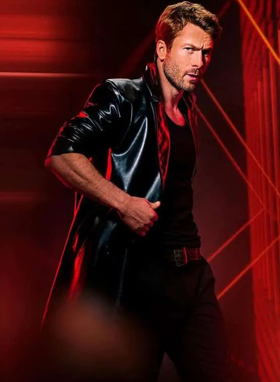 Glen Powell The Running Man 2025 Black Leather Coat