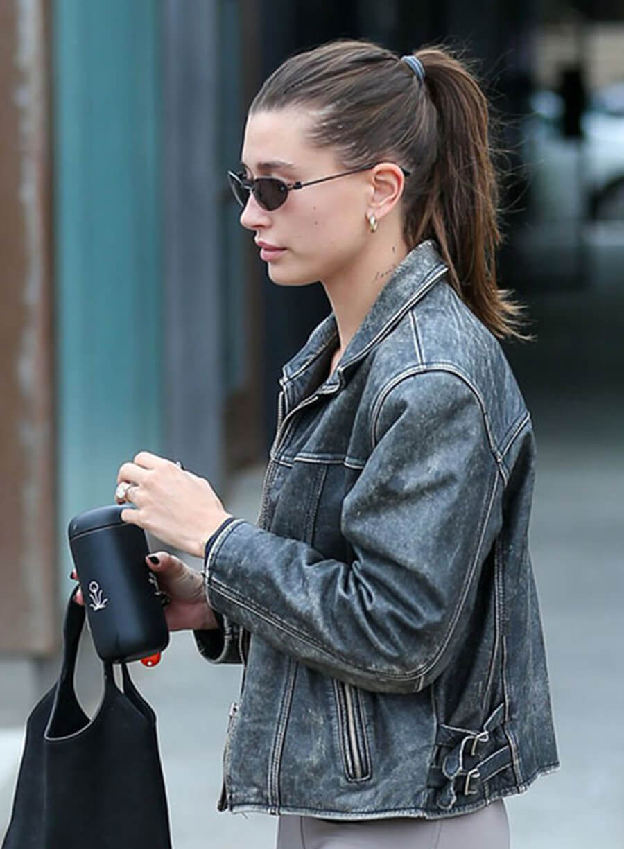 Hailey Bieber Black Leather Jacket