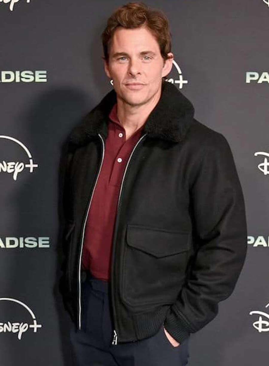 James Marsden Paradise 2025 Black Fur Bomber Jacket