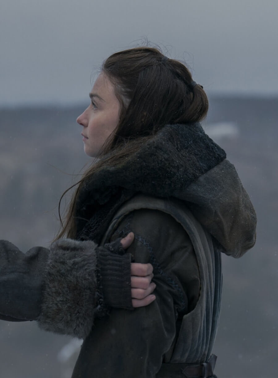 Jessica Barden Dune: Prophecy Brown Suede Hooded Coat