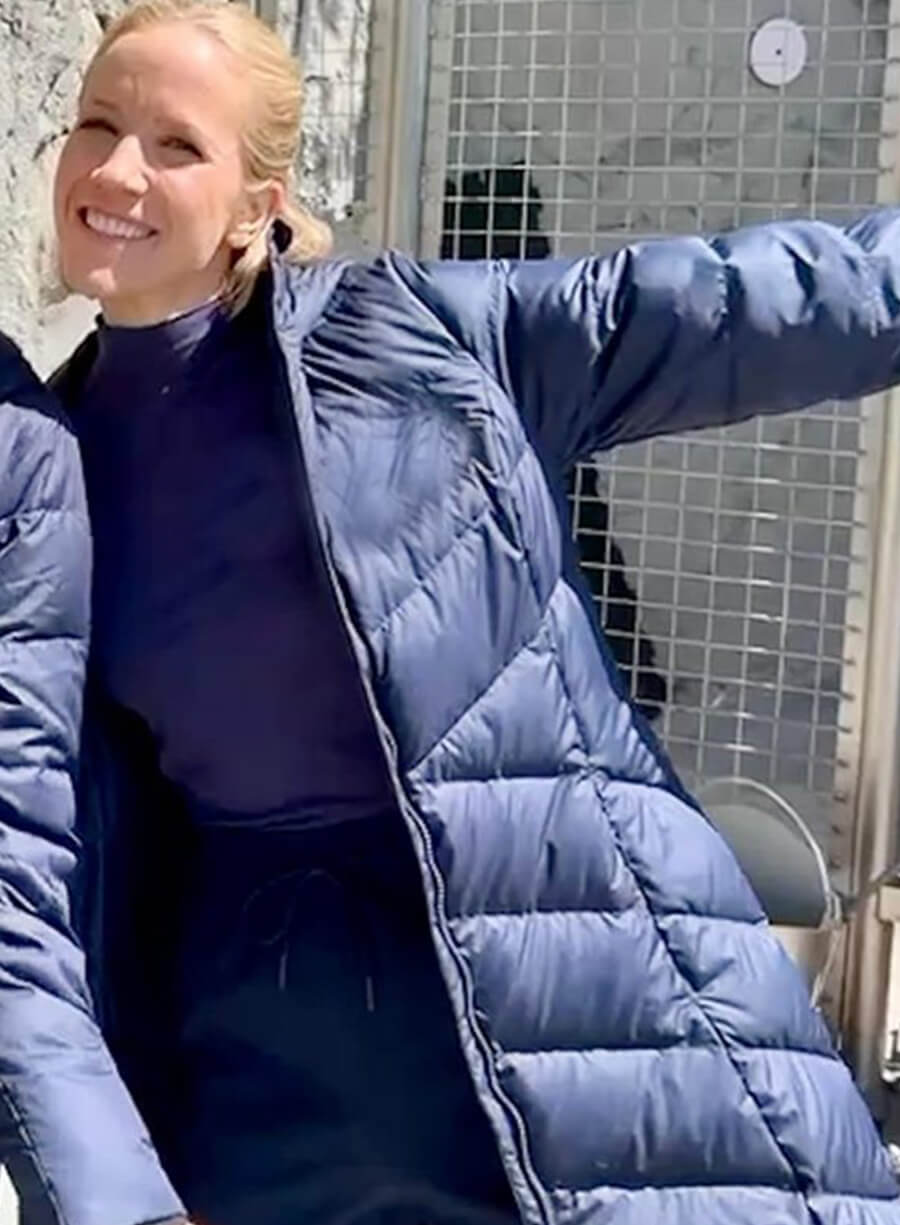 Jessy Schram Mystic Christmas Blue Puffer Jacket