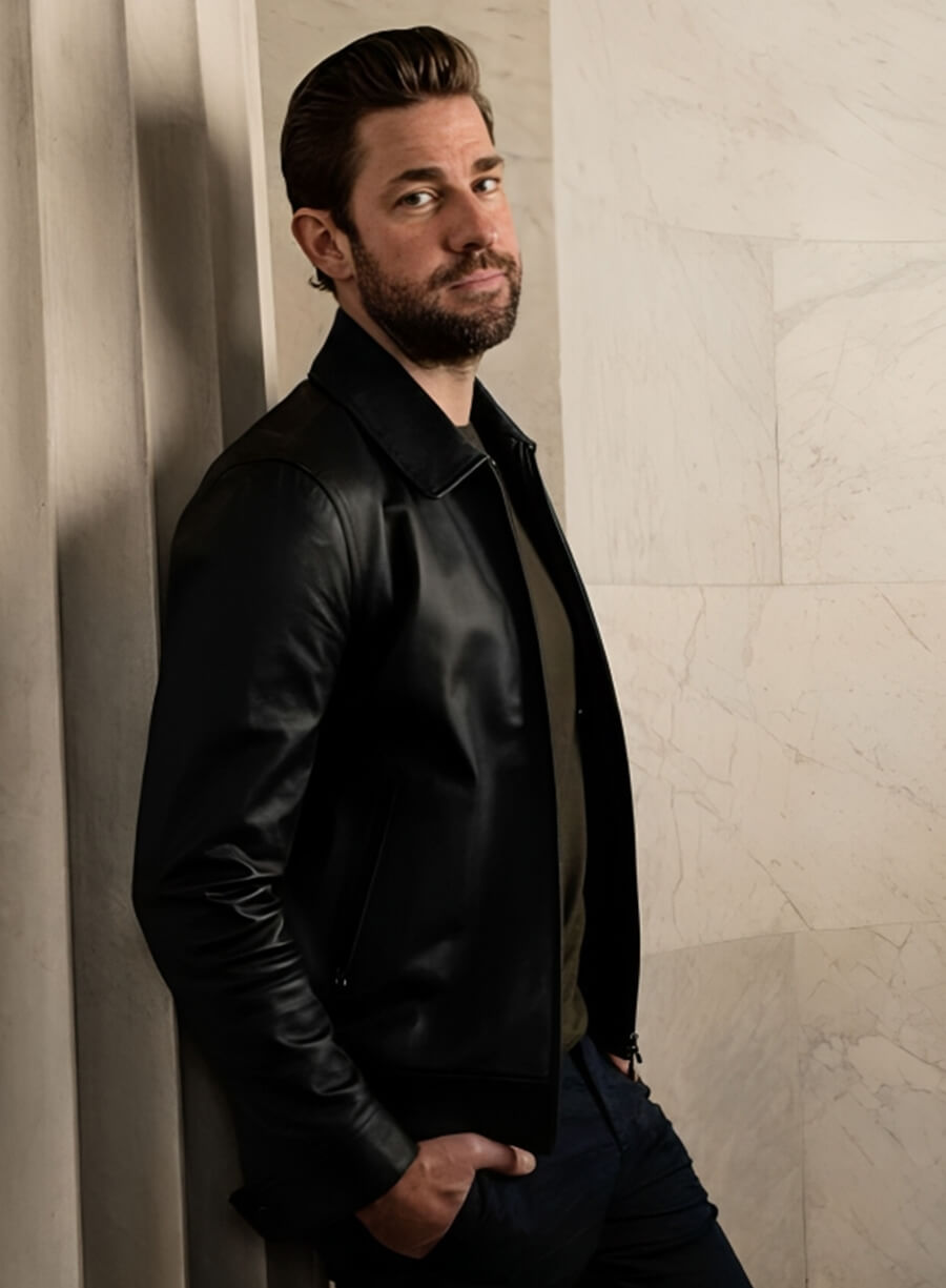 John Krasinski Black Leather Jacket