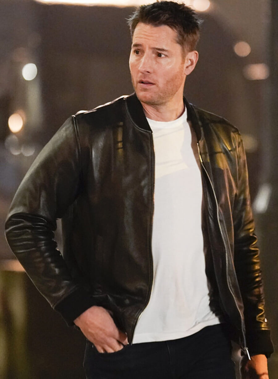 Justin Hartley Tracker Black Leather Bomber Jacket