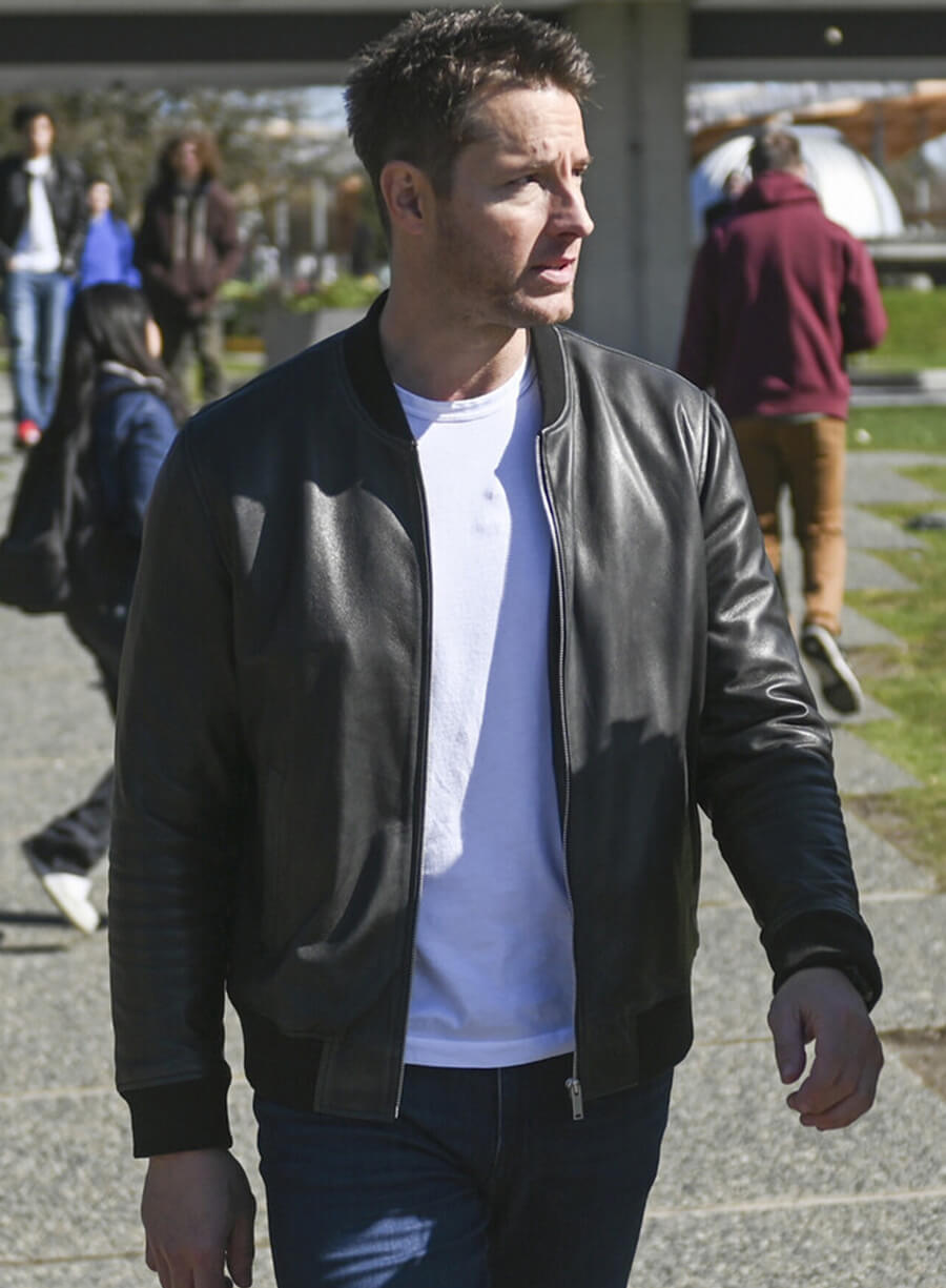 Justin Hartley Tracker Black Leather Bomber Jacket