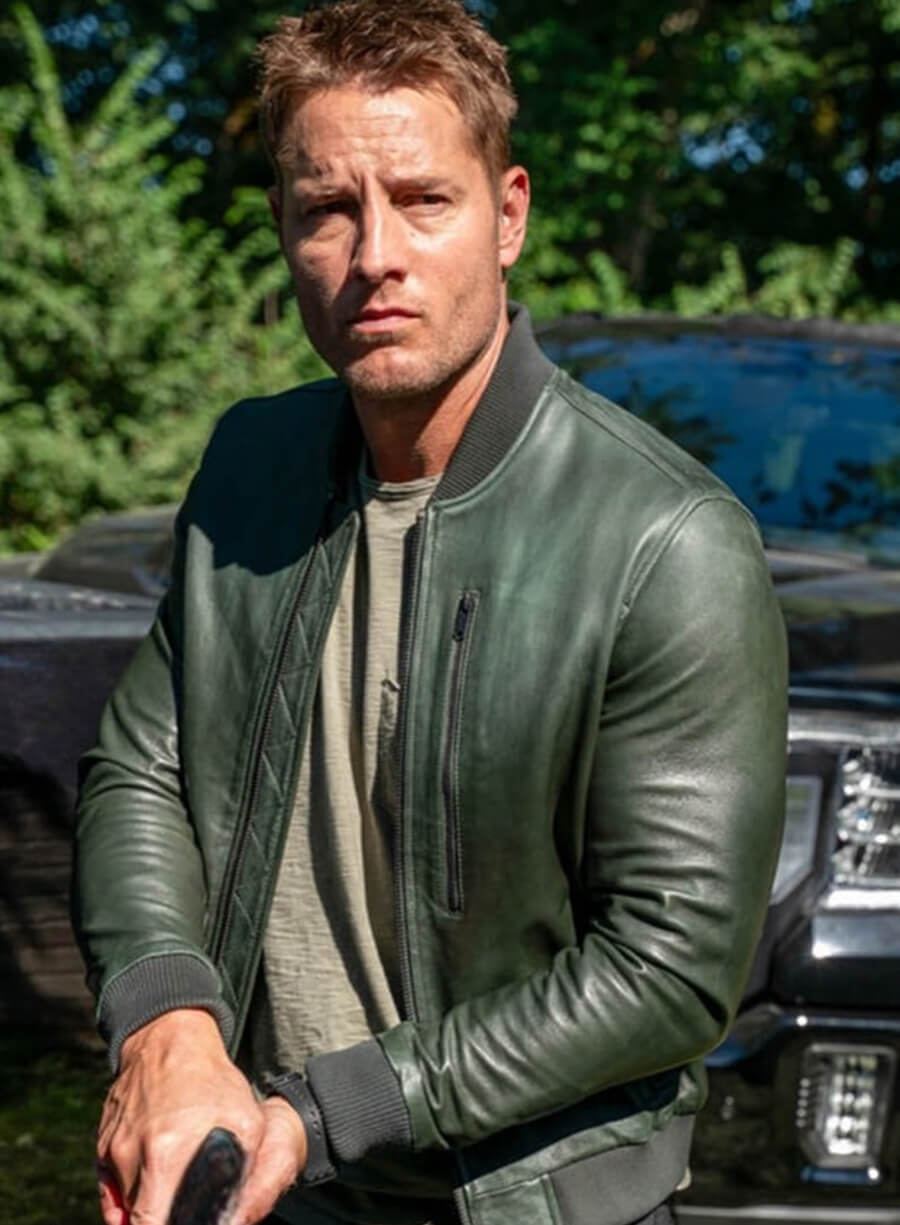 Justin Hartley Tracker Green Leather Bomber Jacket