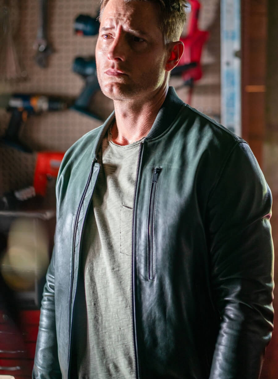 Justin Hartley Tracker Green Leather Bomber Jacket
