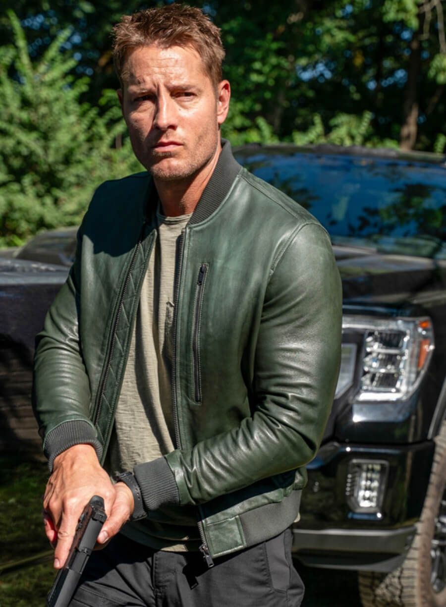 Justin Hartley Tracker Green Leather Bomber Jacket