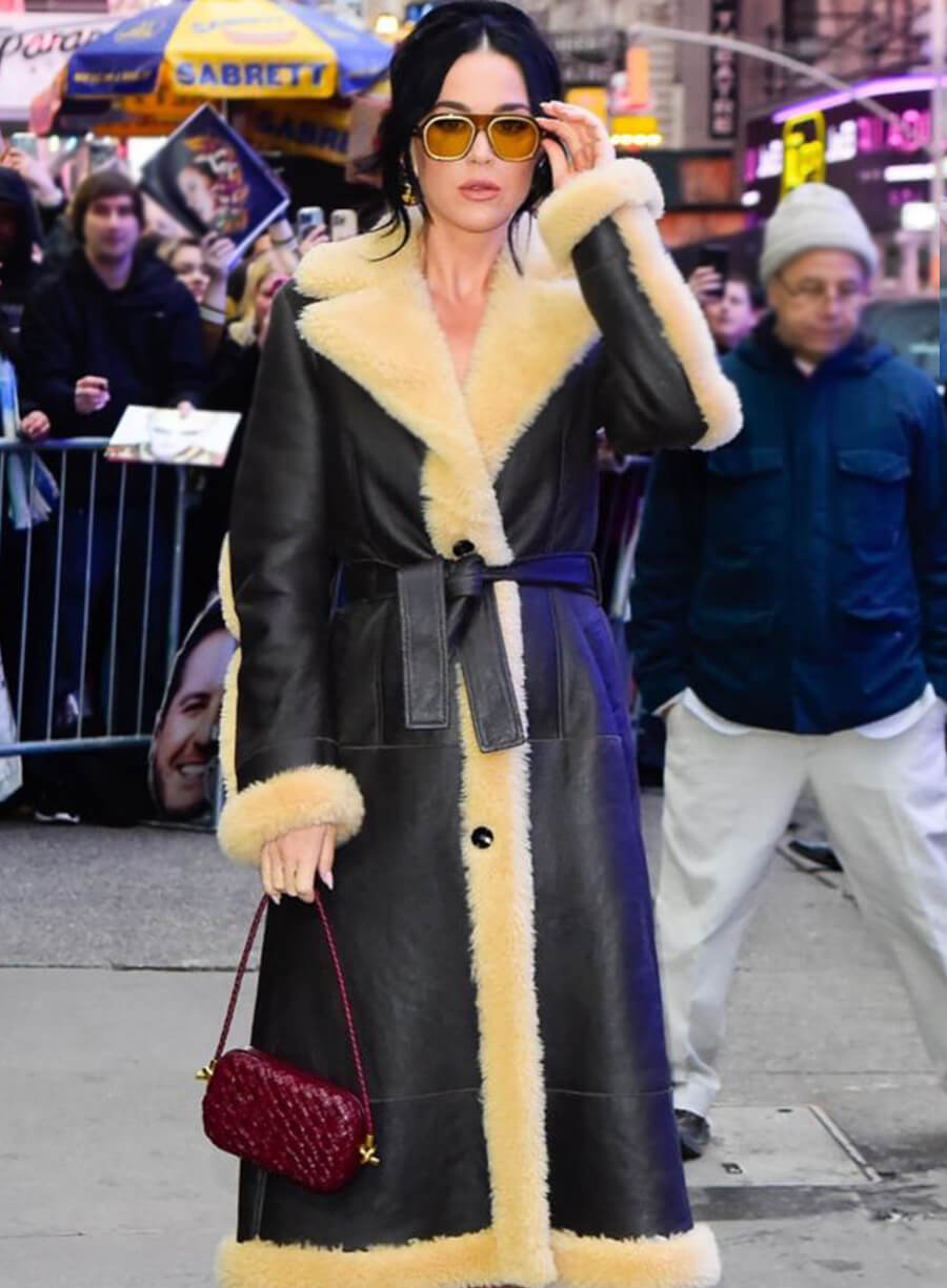 Katy Perry Long Black Leather Coat