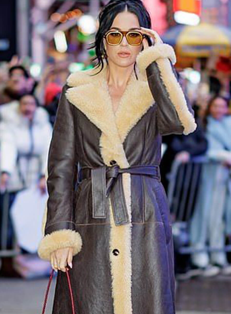 Katy Perry Long Black Leather Coat