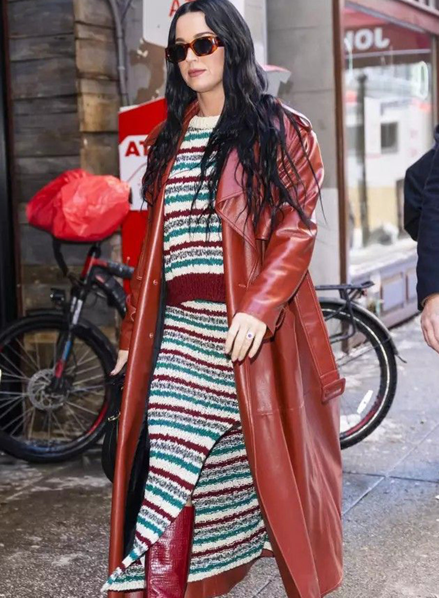 Katy Perry Red Leather Trench Coat