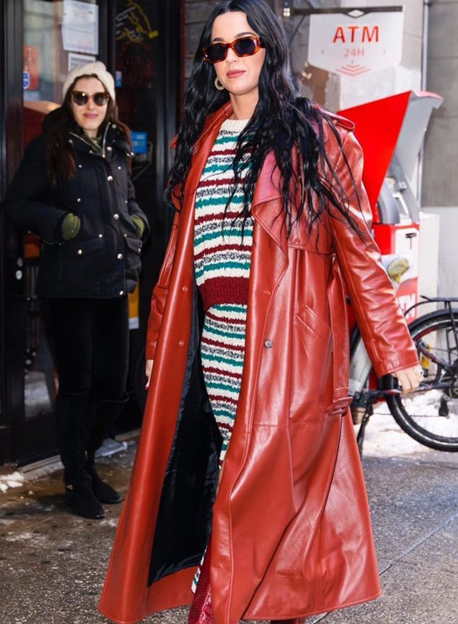 Katy Perry Red Leather Trench Coat