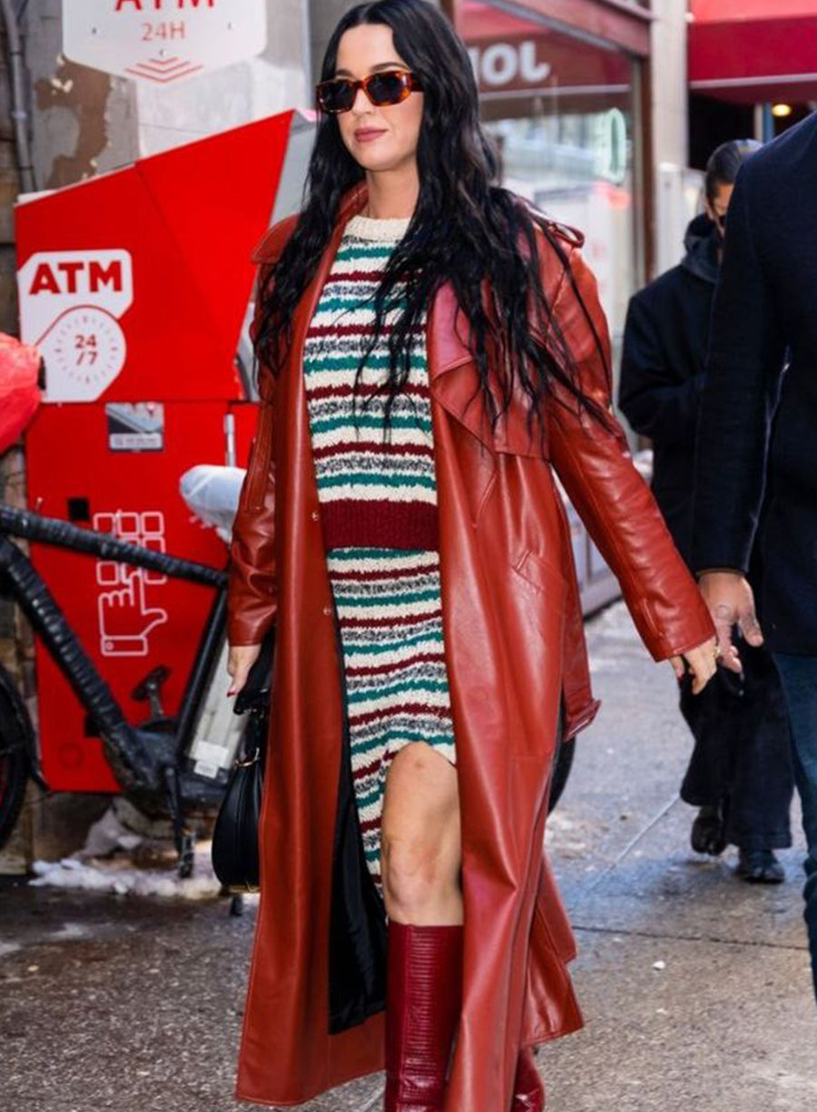 Katy Perry Red Leather Trench Coat