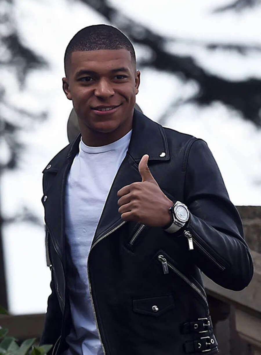 Kylian Mbappe Black Leather Biker Jacket