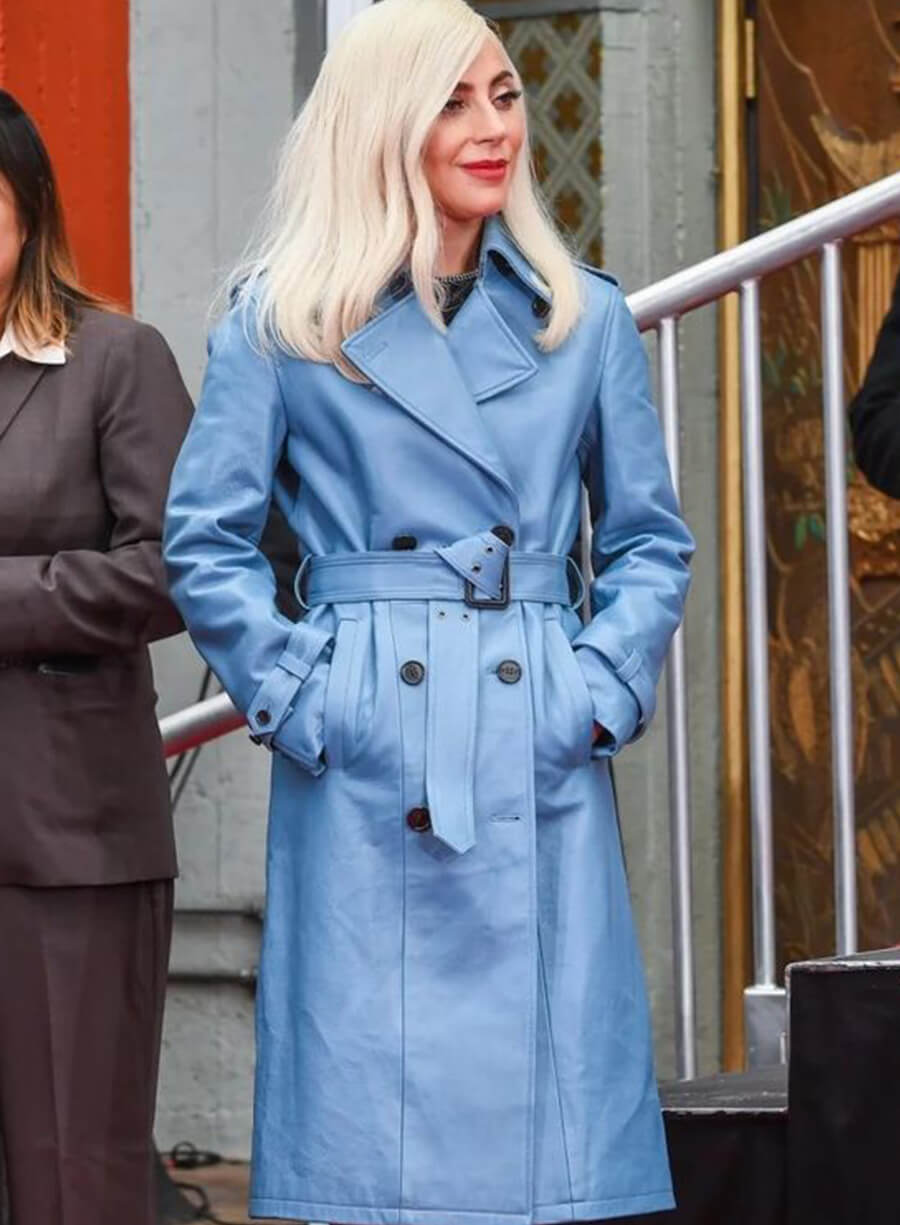 Lady Gaga Blue Trench Leather Coat
