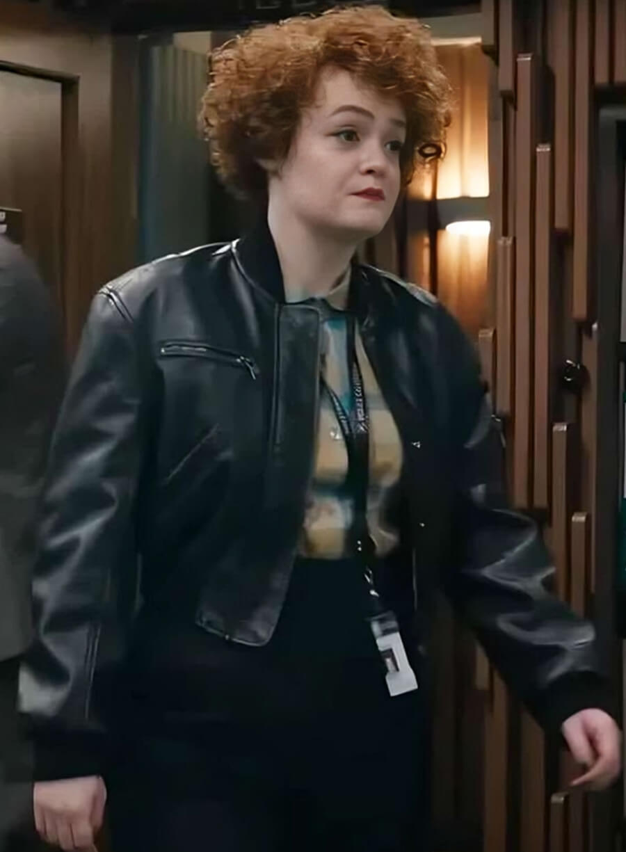 Leah Byrne Dept Q Bomber Black Leather Jacket