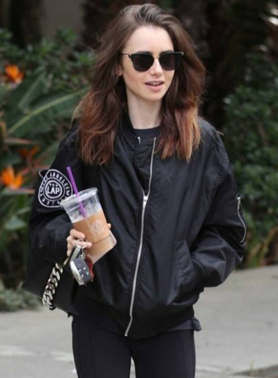 Lily Collins Black Bomber Jacket