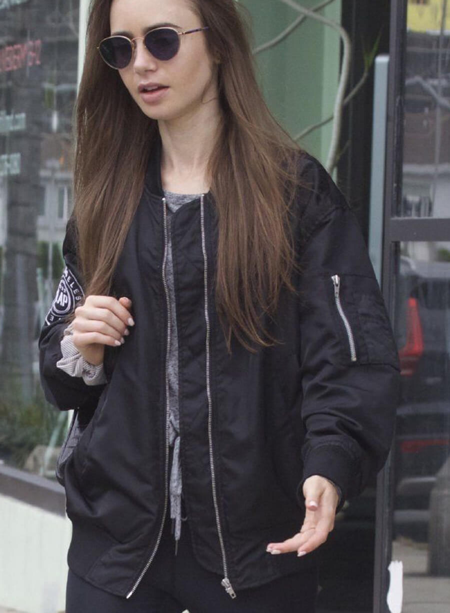Lily Collins Black Bomber Jacket