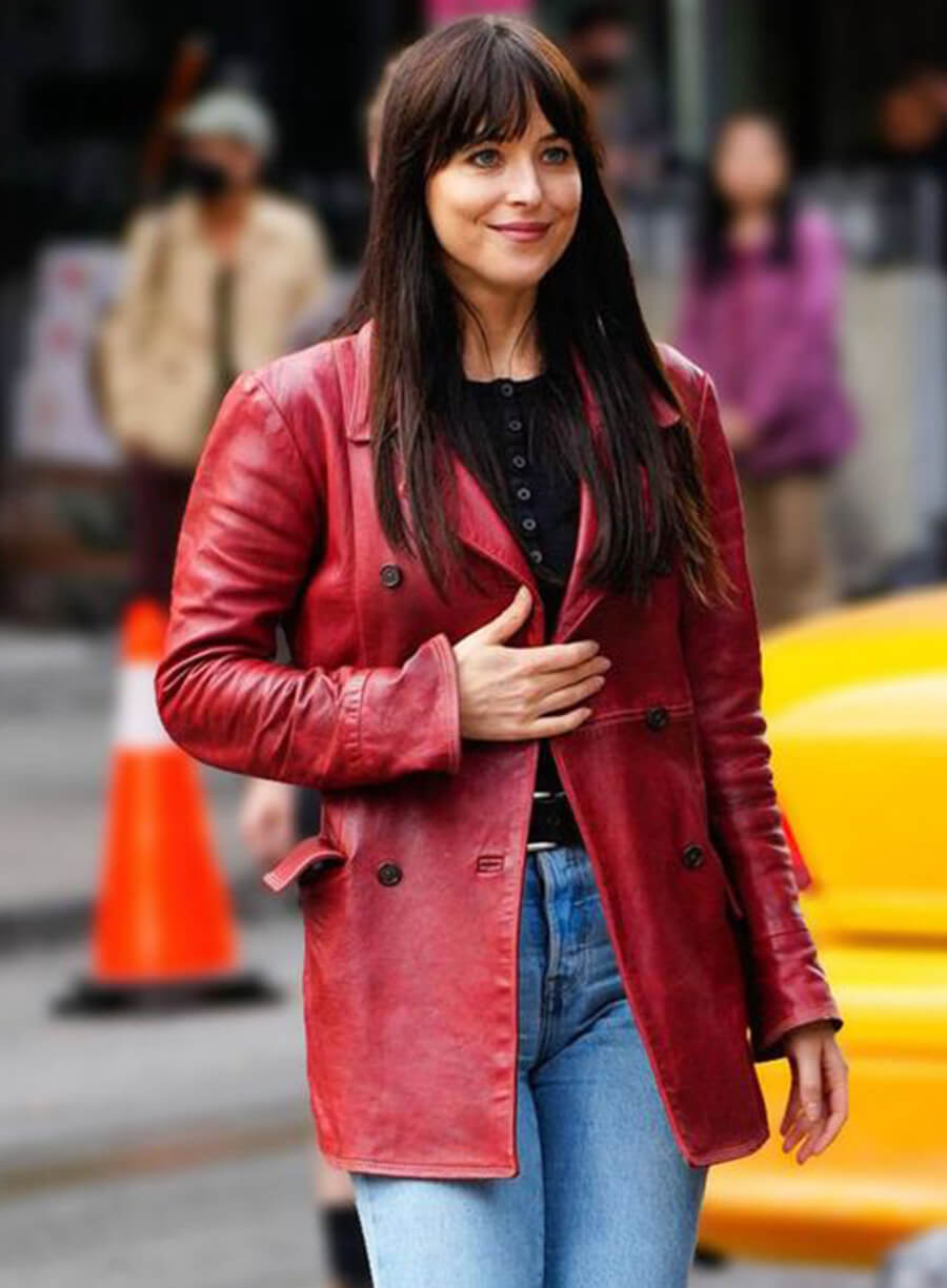 Madam Web Dakota Johnson Maroon Leather Coat