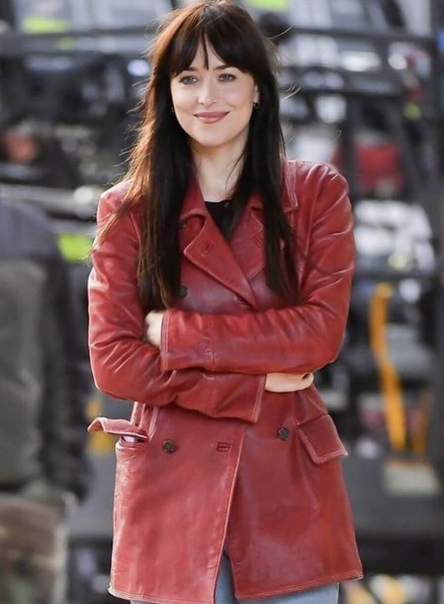 Madam Web Dakota Johnson Maroon Leather Coat